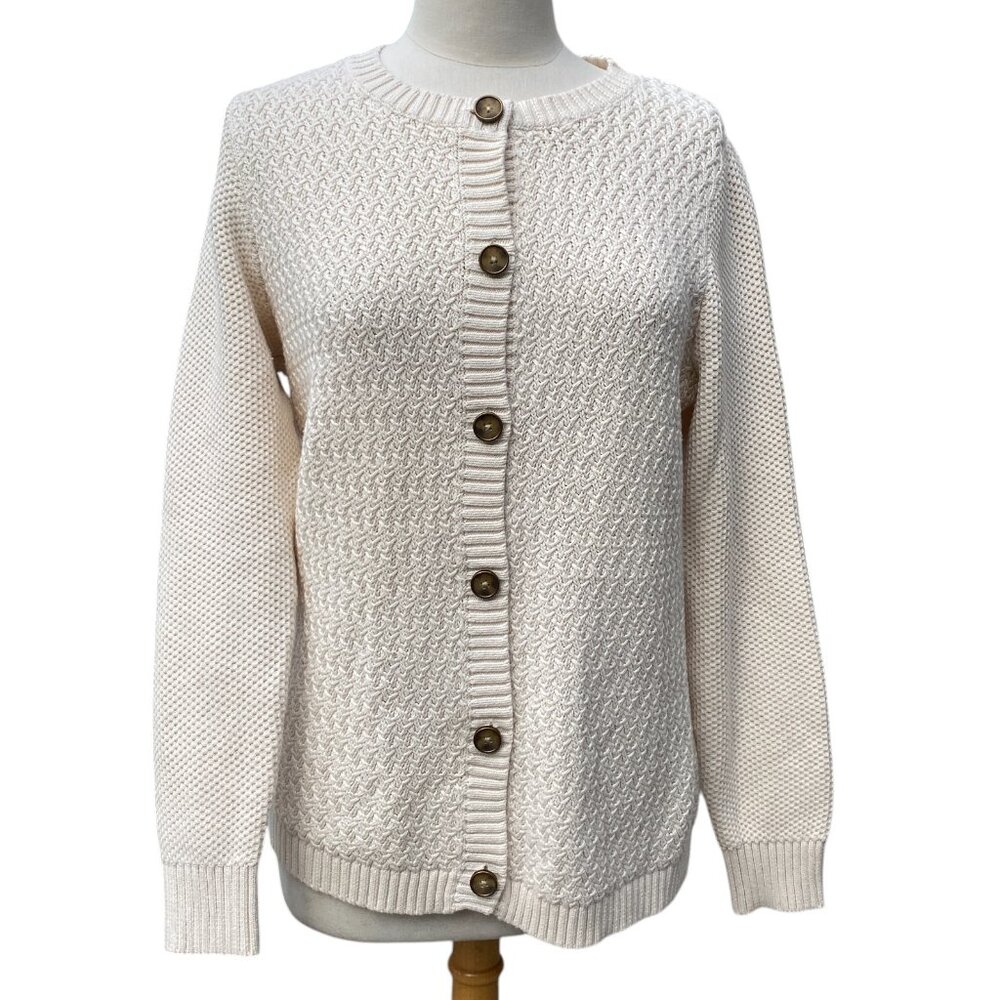 LL Bean Honeycom Cable Knit Button Cardigan Ivory Cotton Grandma Cottagecore-L